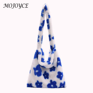 Women Plush Flower Pattern Shoulder Bag Winter Warm Fabric