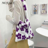 Women Plush Flower Pattern Shoulder Bag Winter Warm Fabric
