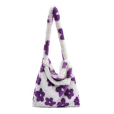 Women Plush Flower Pattern Shoulder Bag Winter Warm Fabric Shopping Bags