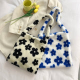 Women Plush Flower Pattern Shoulder Bag Female Winter Warm Fabric Shopping Bags