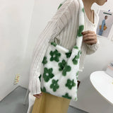 Women Plush Flower Pattern Shoulder Bag Winter Warm Fabric Shopping Bags