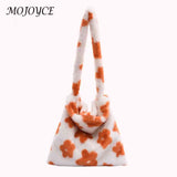Women Plush Flower Shoulder Bag Winter Warm Fabric Shopping Bags