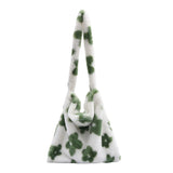 Women Plush Flower Pattern Shoulder Bag Winter Warm Fabric Shopping Bags