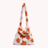 Women Plush Flower Pattern Shoulder Bag Winter Warm Fabric Shopping Bags