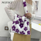 Women Plush Flower Shoulder Bag Winter Warm Fabric Shopping Bags