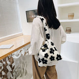 Women Plush Flower Shoulder Bags Cow Print Bucket Bags Faux Fur Handbag