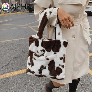 Women Plush Fur Cow Pattern Handbag Winter Zipper Large Capacity