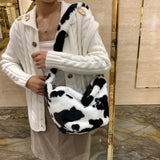 Women Plush Fur Crossbody Bag Winter Leopard Cow Printing Messenger Bag