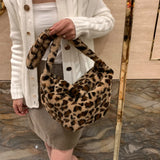 Women Plush Fur Crossbody Bag Winter Leopard Cow Printing Messenger Bag