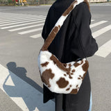 Women Plush Fur Crossbody Bag Winter Leopard Cow Printing Messenger Bag
