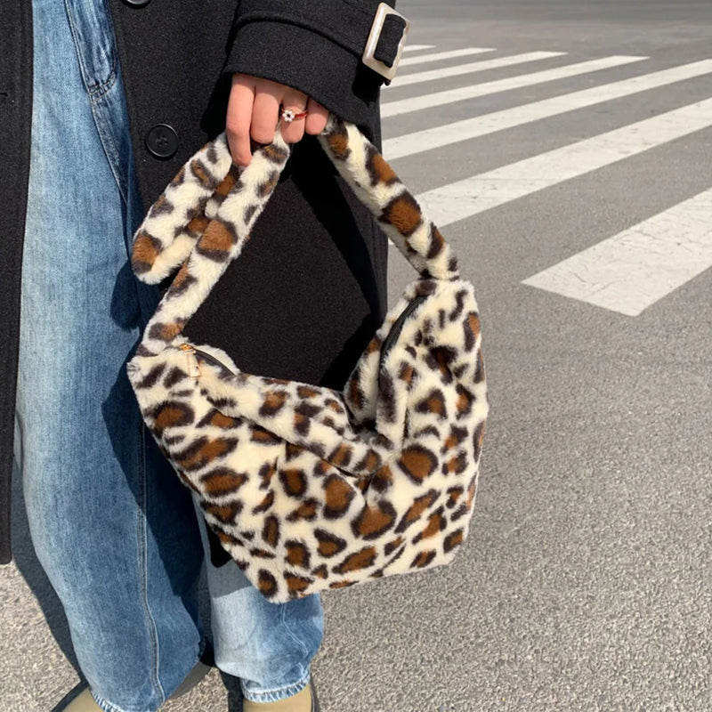 Women Plush Fur Crossbody Bag Winter Leopard Cow Printing Messenger Bag