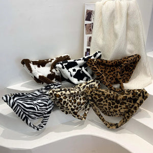 Women Plush Fur Crossbody Bag Winter Leopard Cow Printing Messenger Bag