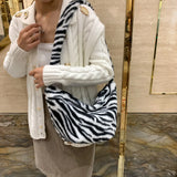 Women Plush Fur Crossbody Bag Winter Leopard Cow Printing Messenger Bag