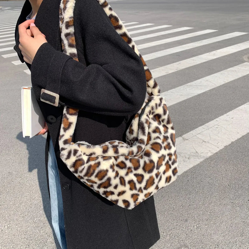 Leopard Fur Crossbody Bag Zipper Large Capacity Soft Plush Autumn Travel