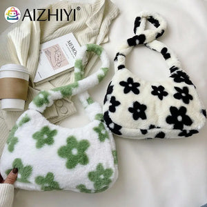 Plush Fur Flower Love Shoulder Bag Winter Zipper Armpit Bag