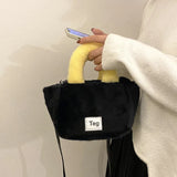 Women Plush Handbags Bucket Shoulder Bag Letter Messenger Bag