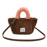 Women Plush Handbags Bucket Shoulder Bag Letter Messenger Bag
