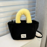 Women Plush Handbags Bucket Shoulder Bag Letter Messenger Bag