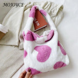 Women Plush Leopard Love Heart Shoulder Bag Autumn Winter Handbags