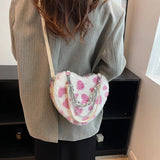 Women Plush Love Pattern Shoulder Bag Female Thick Chains Bags Y2K
