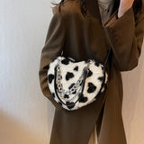 Women Plush Love Pattern Shoulder Bag Female Thick Chains Bags Y2K