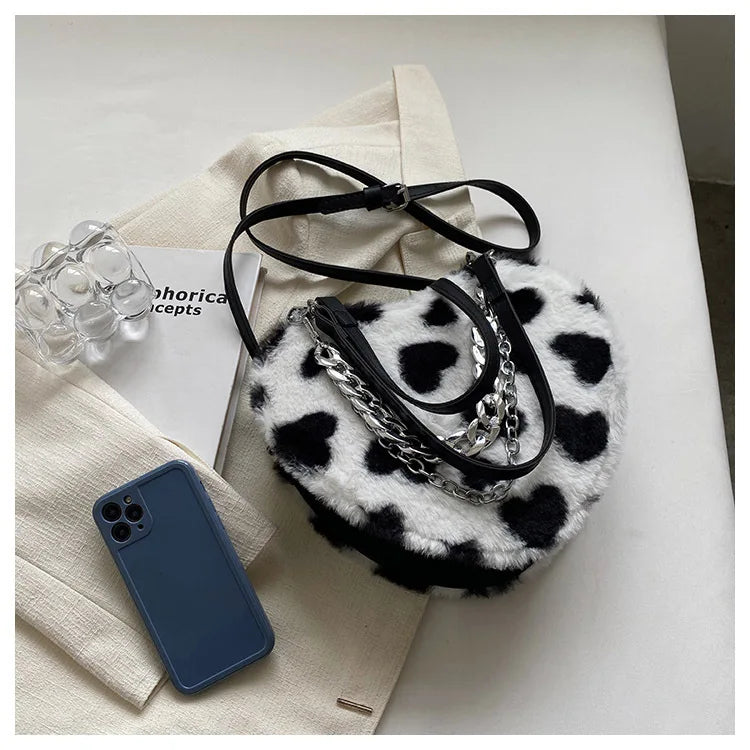 Women Plush Love Pattern Shoulder Bag Female Thick Chains Bags Y2K