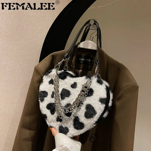 Women Plush Love Pattern Shoulder Bag Female Thick Chains Bags Y2K