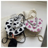 Women Plush Love Pattern Shoulder Bag Female Thick Chains Bags Y2K