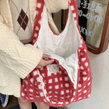 Women Plush Plaid Tote Shoulder Bags Canvas Fluffy Handbags Large Capacity