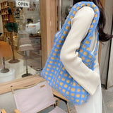 Women Plush Plaid Tote Shoulder Bags Canvas Fluffy Handbags Large Capacity