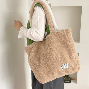 Women Plush Shoulder Bag Large Capacity Double Sided Lamb Like Fabric Shopper
