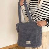 Women Plush Shoulder Bag Large Capacity Double Sided Lamb Like Fabric Shopper