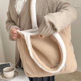 Women Plush Shoulder Bag Large Capacity Double Sided Lamb Like Fabric Shopper