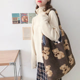 Women Plush Shoulder Bag Soft Canvas Tote Large Capacity Handbag