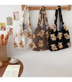 Women Plush Shoulder Bag Soft Canvas Tote Large Capacity Handbag