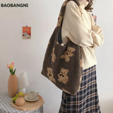 Plush Shoulder Bag Soft Canvas Tote Large Capacity Shopping Bags for Ladies