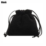 Women Plush Shoulder Bag Furry Drawstring Bucket Purse Soft Handbag Tote