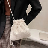 Women Plush Shoulder Bag Furry Drawstring Bucket Purse Soft Handbag Tote