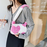 Women Plush Shoulder Underarm Bag Flower Love Heart Printed Shoulder Tote Bag