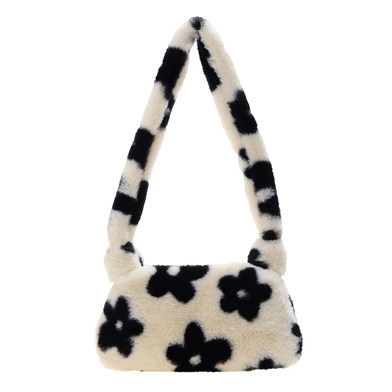 Women Plush Shoulder Underarm Bag Flower Love Heart Printed Shoulder Tote Bag