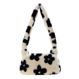 Women Plush Shoulder Underarm Bag Flower Love Heart Printed Shoulder Tote Bag