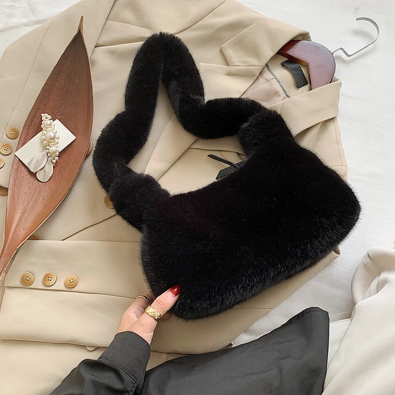 Women Plush Soft Handbag Solid Shoulder Underarm Bag