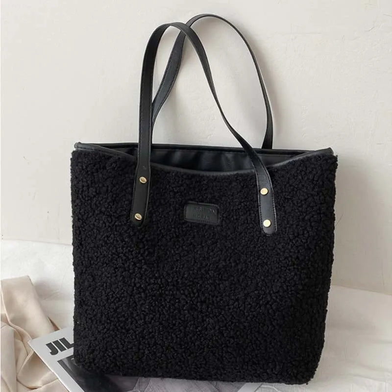 Women Plush Tote Bag Winter Warm Faux Lamb Wool Ladies Shoulder Bag