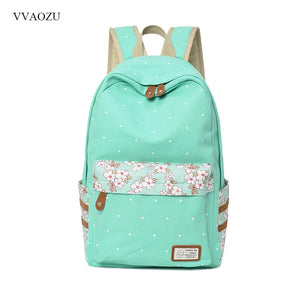 Women Polka Dots Canvas Laptop Backpack Floral Patchwork Rucksack
