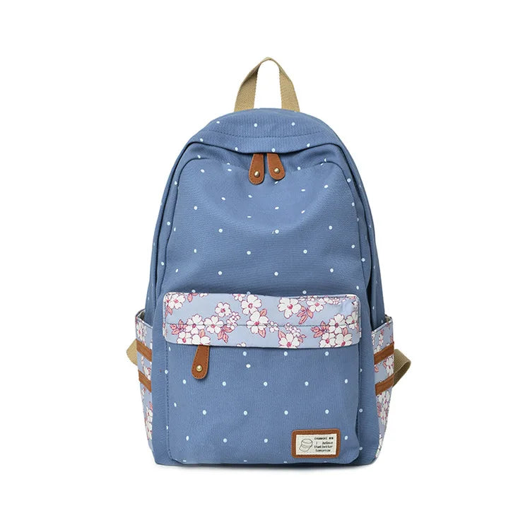 Women Polka Dots Canvas Laptop Backpack Floral Patchwork Rucksack