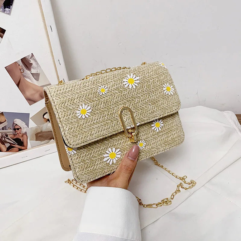 Women Straw Shoulder Bag Retro Flower Woven Chain Messenger Tote Handbag