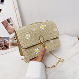 Women Straw Shoulder Bag Retro Flower Woven Chain Messenger Tote Handbag