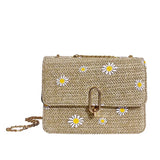 Women Straw Shoulder Bag Retro Flower Woven Chain Messenger Tote Handbag