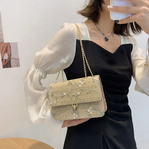 Women Straw Shoulder Bag Retro Flower Woven Chain Messenger Tote Handbag