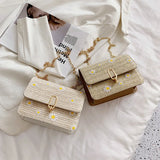 Women Straw Shoulder Bag Retro Flower Woven Chain Messenger Tote Handbag